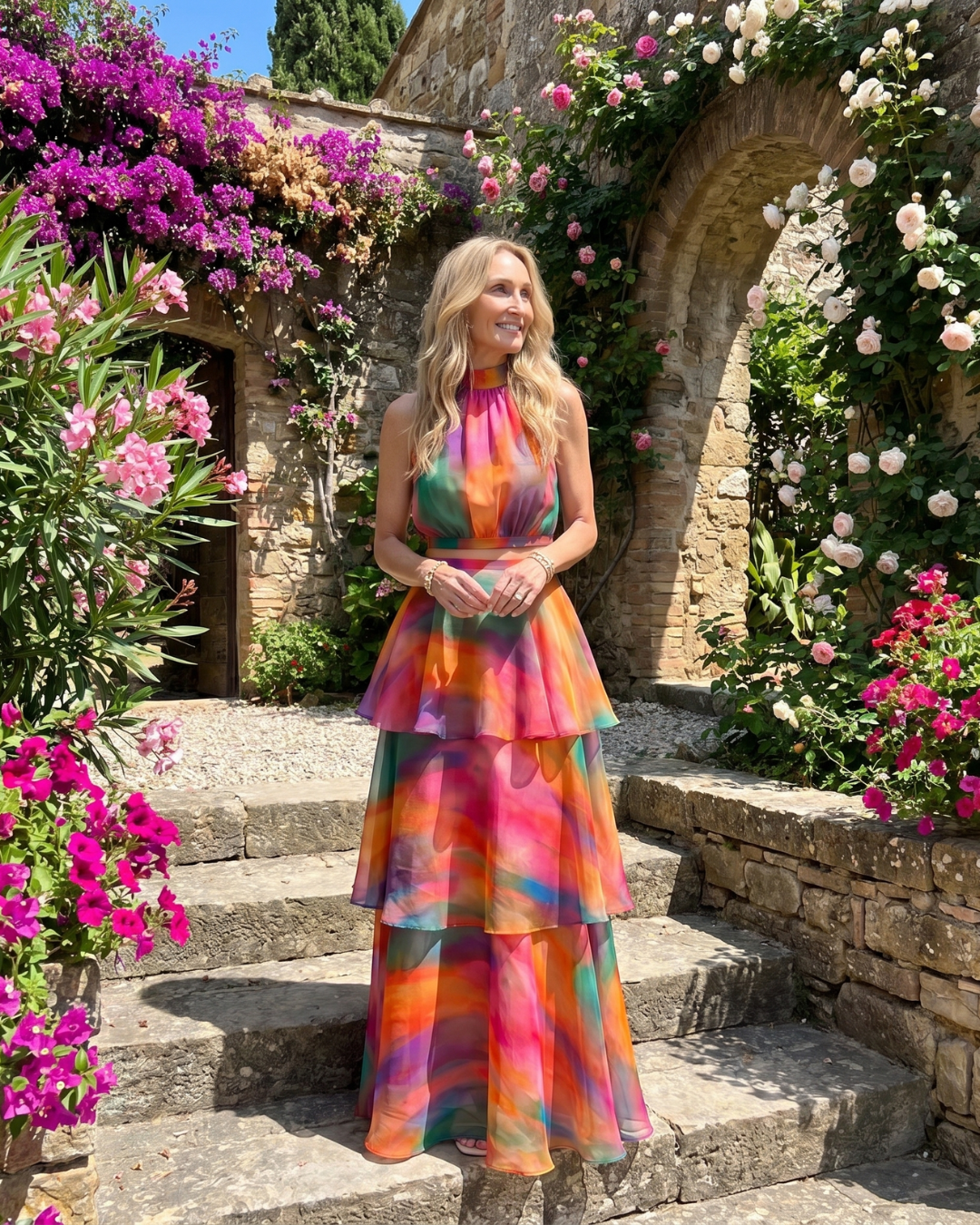 Vellora | Natural Floral Halter Cutout Tiered Maxi Dress