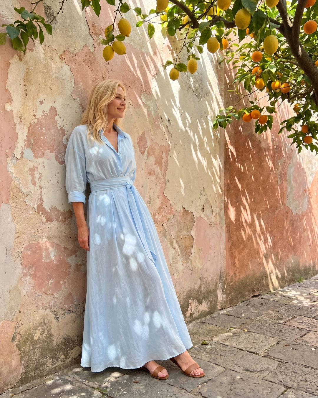 Lunlette | Belted Collared Flowing Long Sleeve Midi Dress