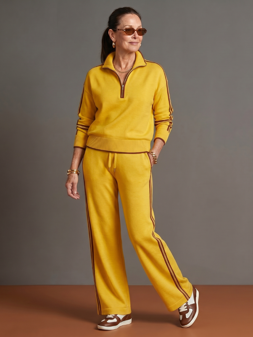 Della | Zip Neck Long Sleeve Side Stripe Leg Pants Set