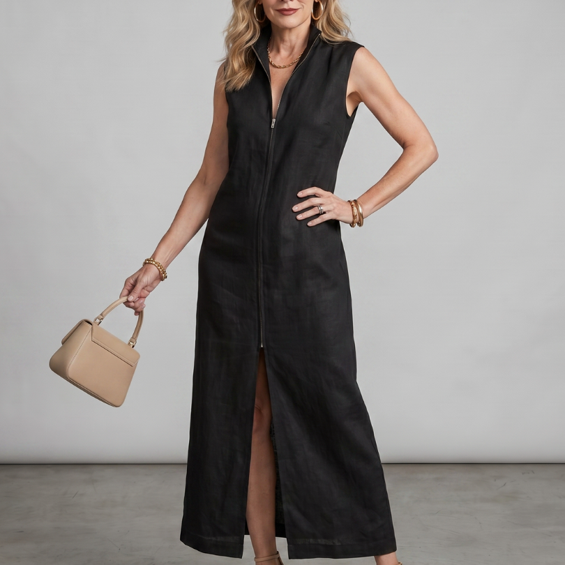 Norrin | High Collar Front Slit Midi Dress