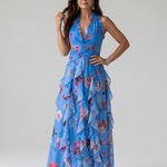 Liabeth | Halter Neck Ruched Bodice Floral Maxi Dress