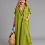 Faera | Embroidered V Neck Pocket Detail Relaxed Midi Dress