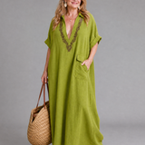 Faera | Embroidered V Neck Pocket Detail Relaxed Midi Dress