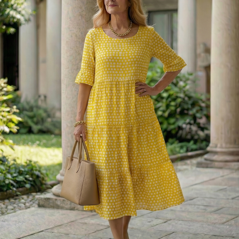 Thalwynne | Polka Dot Tiered Midi Dress Short Sleeve