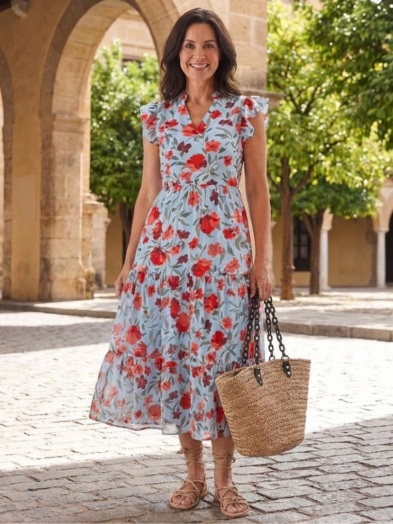 Corlette | Floral V-Neck Tiered Midi Dress