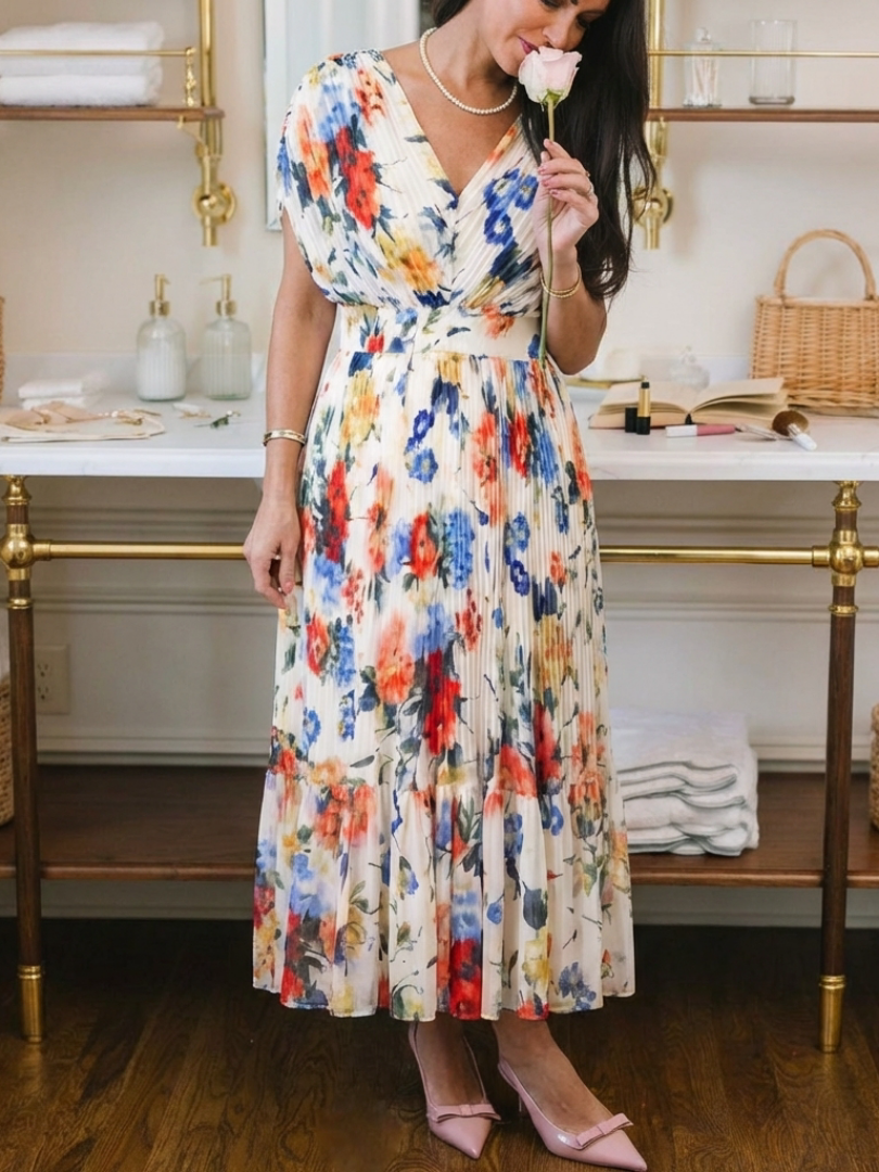 Elondra | Short Sleeve Pleated Floral Midi Dress