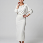 Saffwynne | Draped Neckline Fitted Skirt Midi Dress