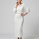Saffwynne | Draped Neckline Fitted Skirt Midi Dress