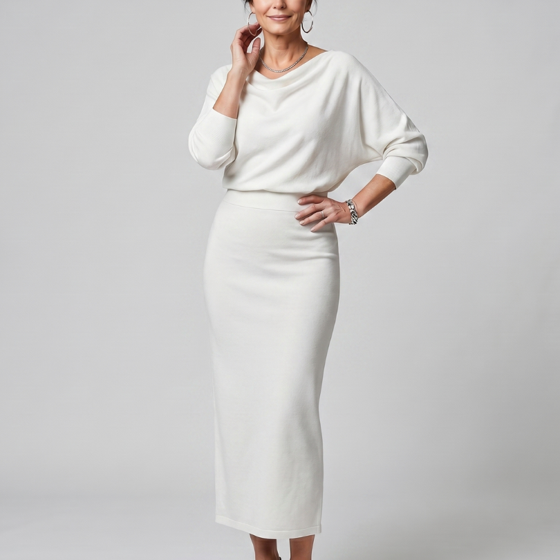 Saffwynne | Draped Neckline Fitted Skirt Midi Dress