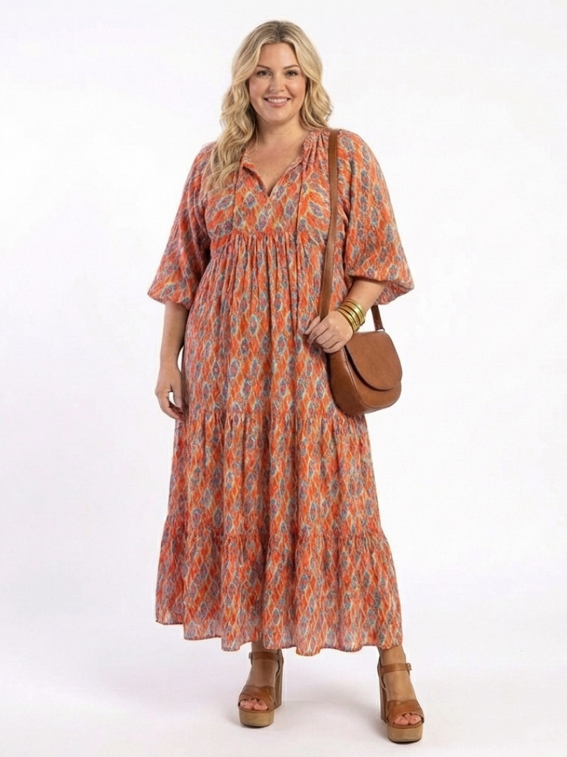 Cornia | Geometric Print V Neck Tiered Midi Dress