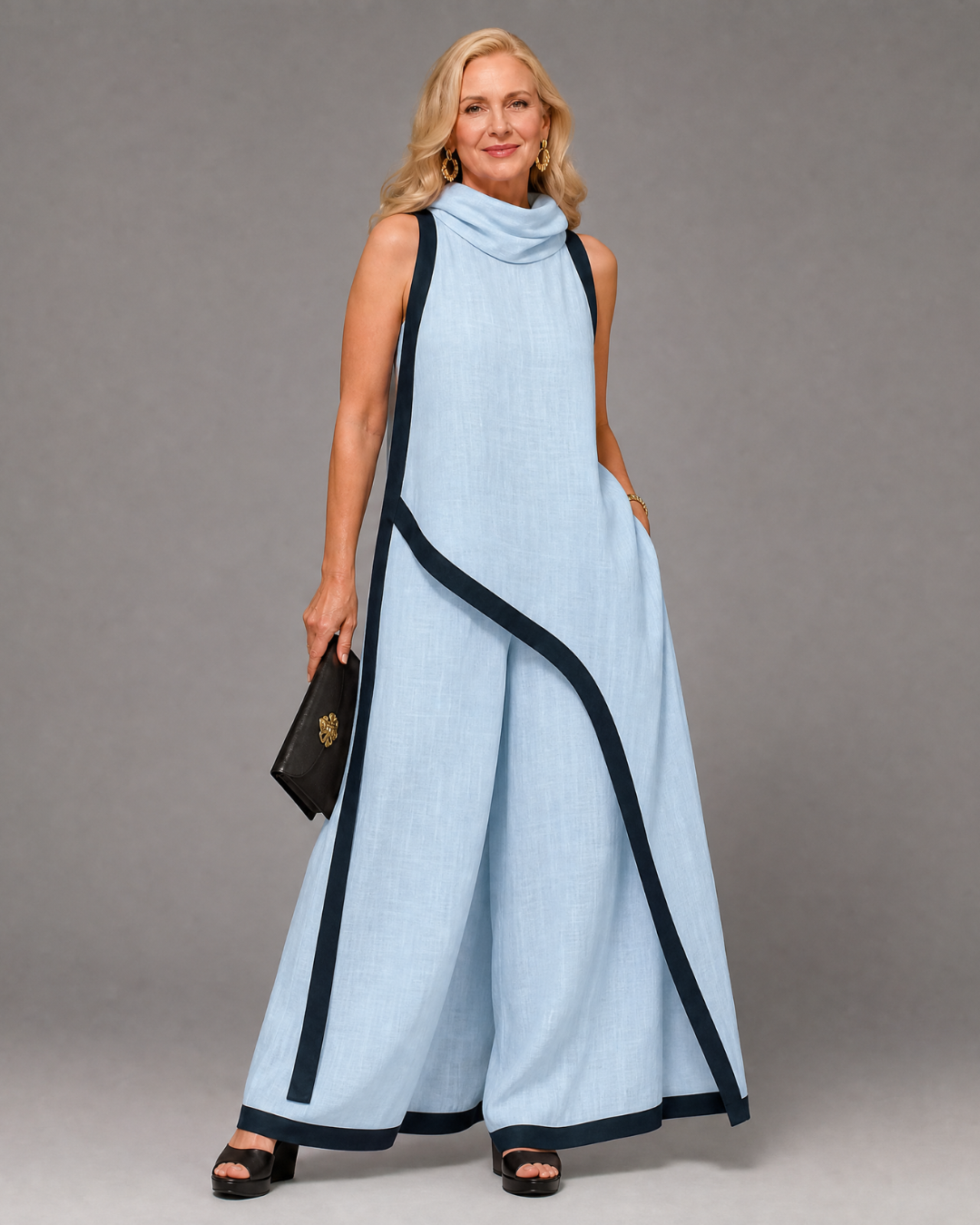 Tovarina | Contrast Trim Sleeveless Layered Top And Wide Leg Pants Set