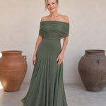 Clawynne | Off Shoulder Draped Bodice Flowing Maxi Dress