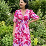 Larette | Puff Sleeve V Neck Abstract Print Midi Dress