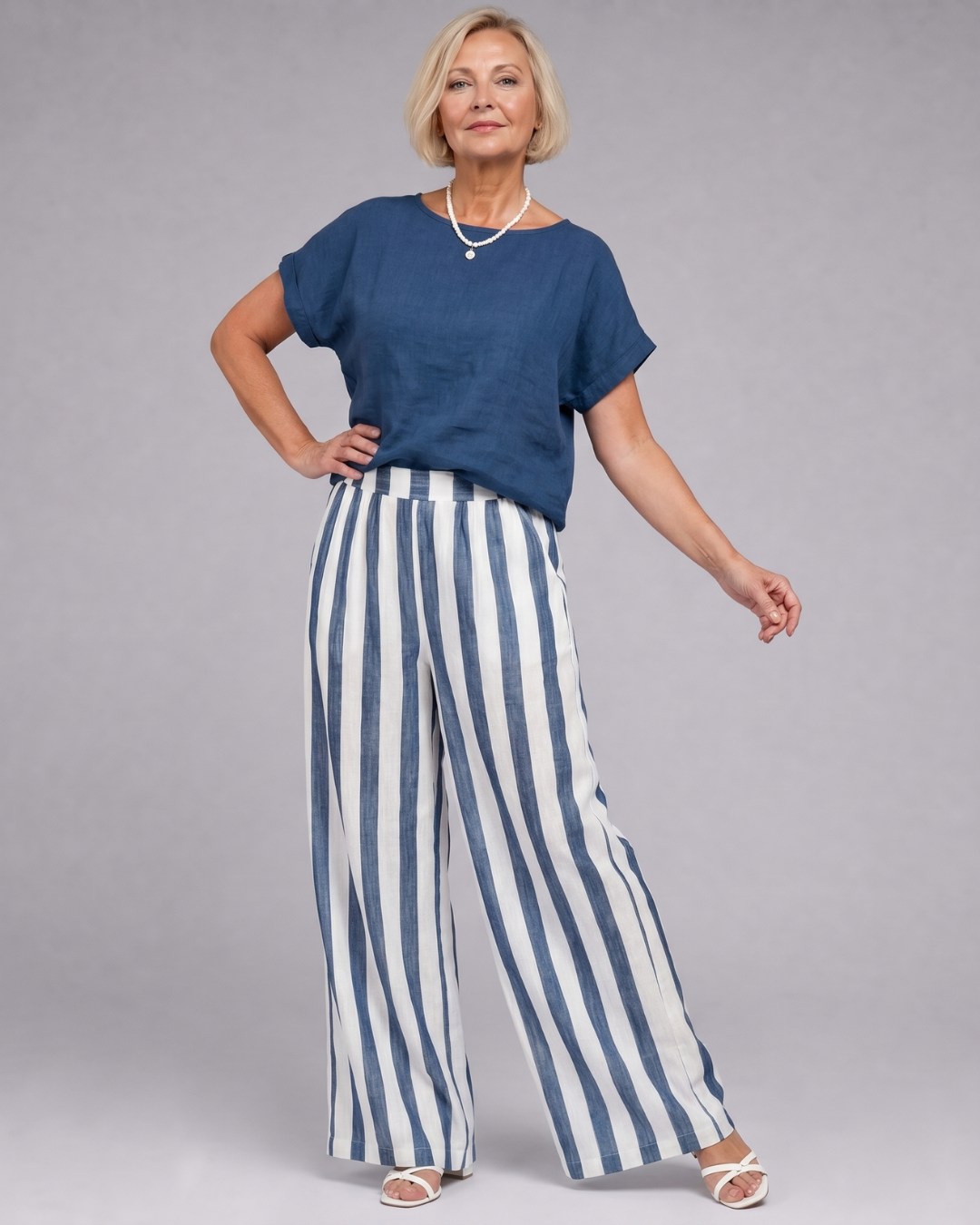 Magdara | Linen Blend Top And Striped Wide Leg Pants Set