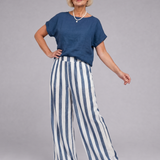 Magdara | Linen Blend Top And Striped Wide Leg Pants Set