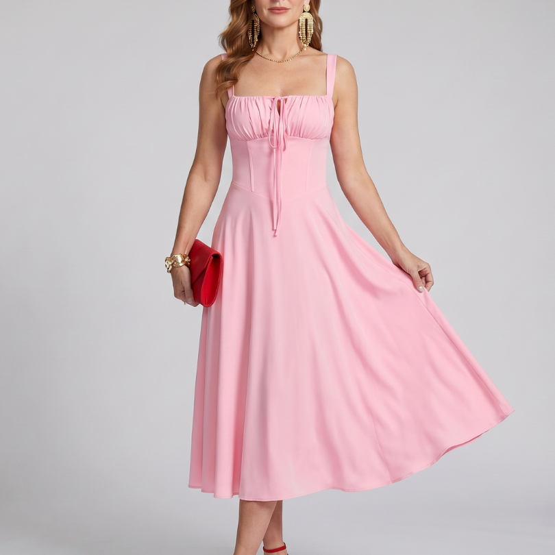 Kalwynne | Spaghetti Strap Ruched Bodice Midi Dress