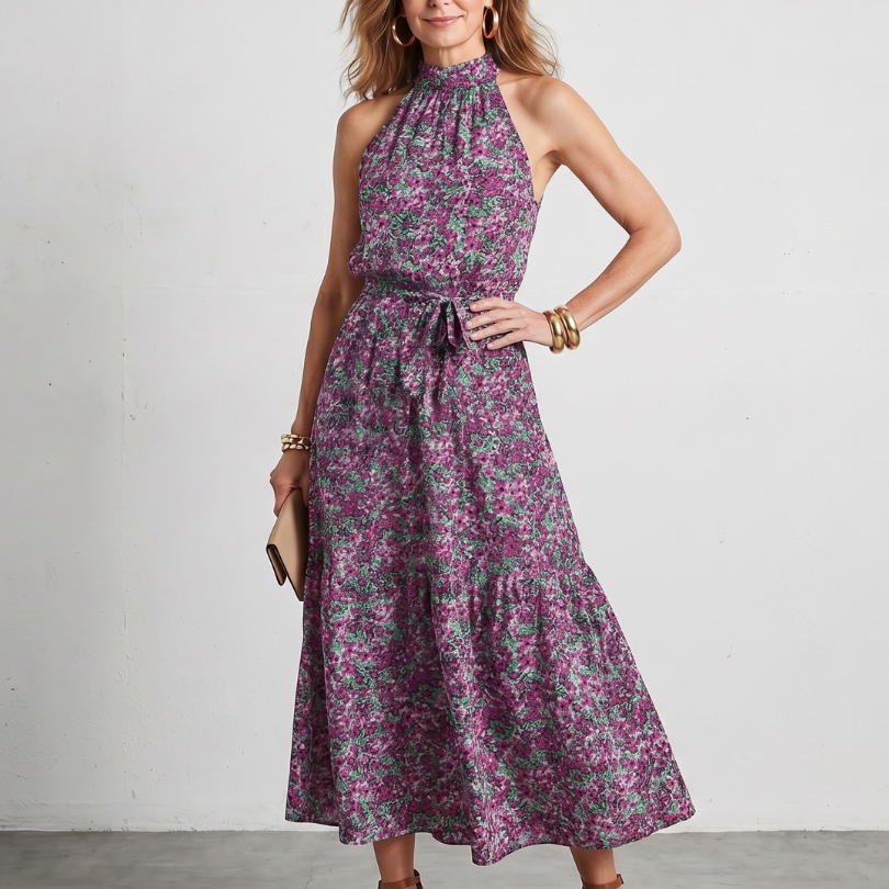 Tesdra | High Neck Floral Tiered Midi Dress
