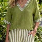 Penette | Contrast V Neck Tunic Stripe Trouser Set
