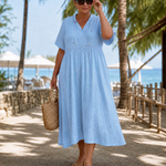 Thallyn | Textured V Neck Relaxed Short Sleeve Midi Dress