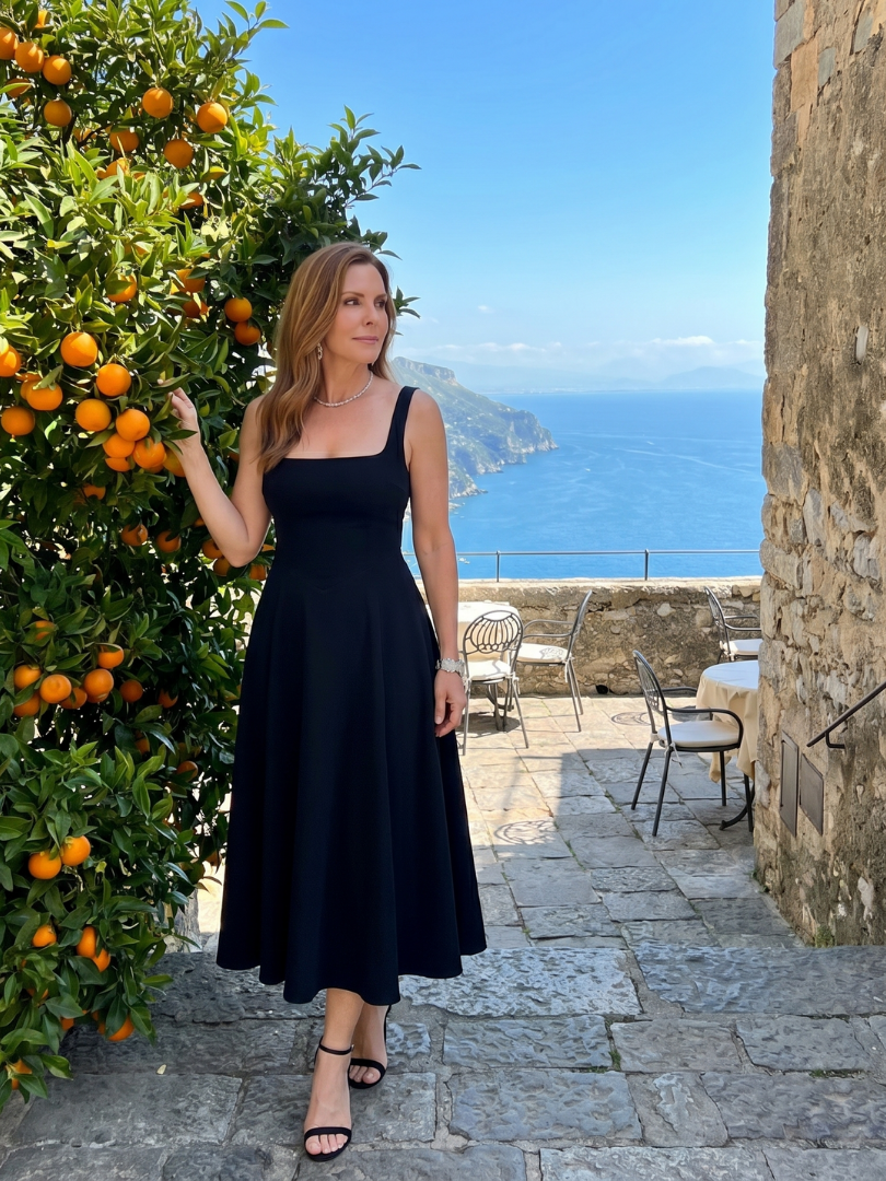 Dalbelle | Sleeveless Square Neck Flared Skirt Midi Dress