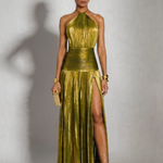 Nevrin | Halter Neck Pleated High Slit Maxi Dress