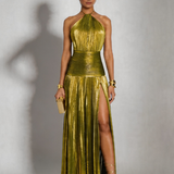Nevrin | Halter Neck Pleated High Slit Maxi Dress