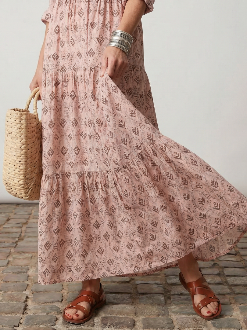 Teswen | Notch Neck Printed Long Sleeve Maxi Dress