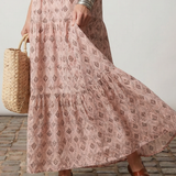 Teswen | Notch Neck Printed Long Sleeve Maxi Dress