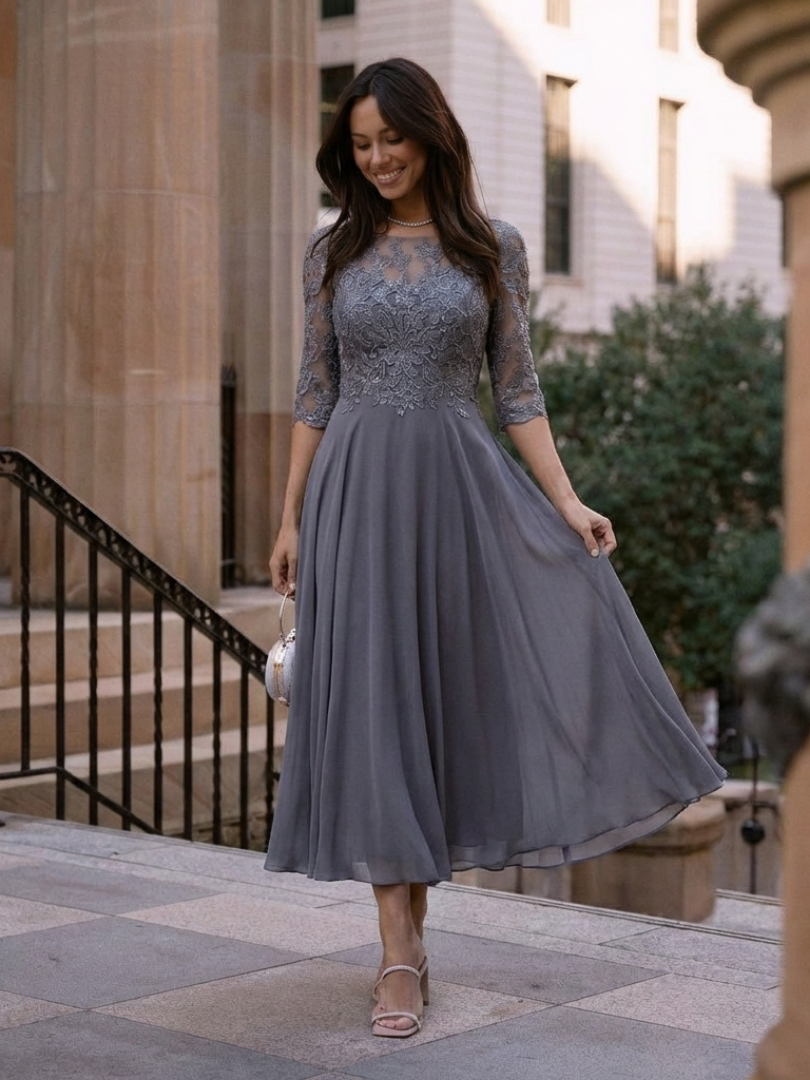 Solda | Lace Bodice Sheer Sleeve Midi Dress