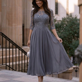 Solda | Lace Bodice Sheer Sleeve Midi Dress