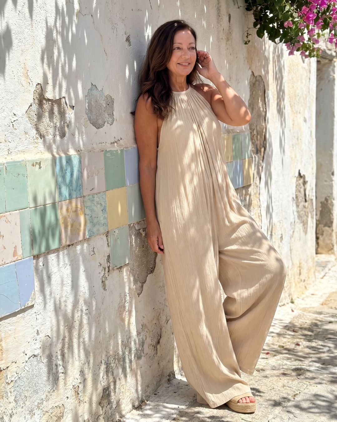 Gretabeth | Pleated Halter Neck Wide Leg Relaxed Jumpsuit