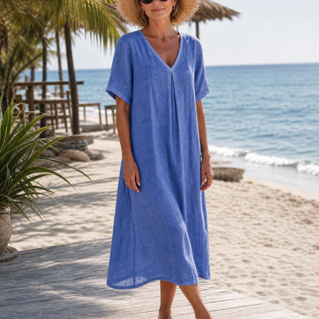 Faevia | Washed Cotton Blend V Neck Relaxed Midi Dress