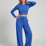 Lorlia | Long Sleeve Crew Neck Crop Top Pants Set