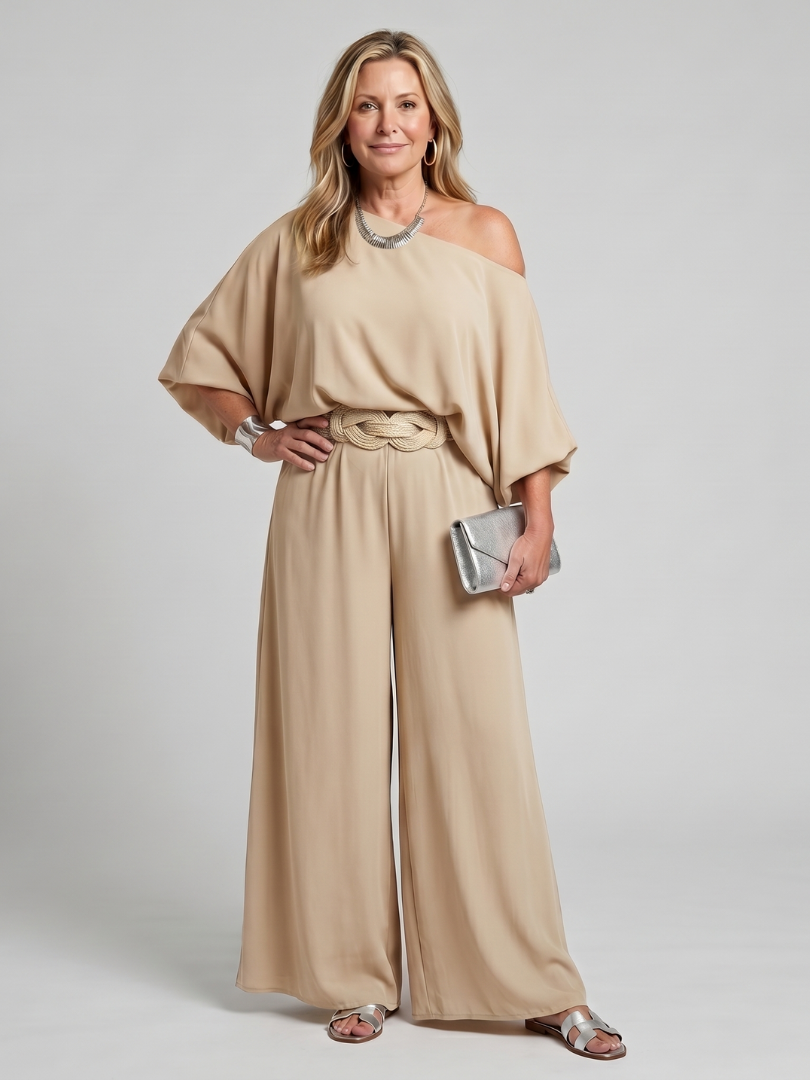 Rosetta | One Shoulder Wide Sleeve Top And Wide Leg Pants Set