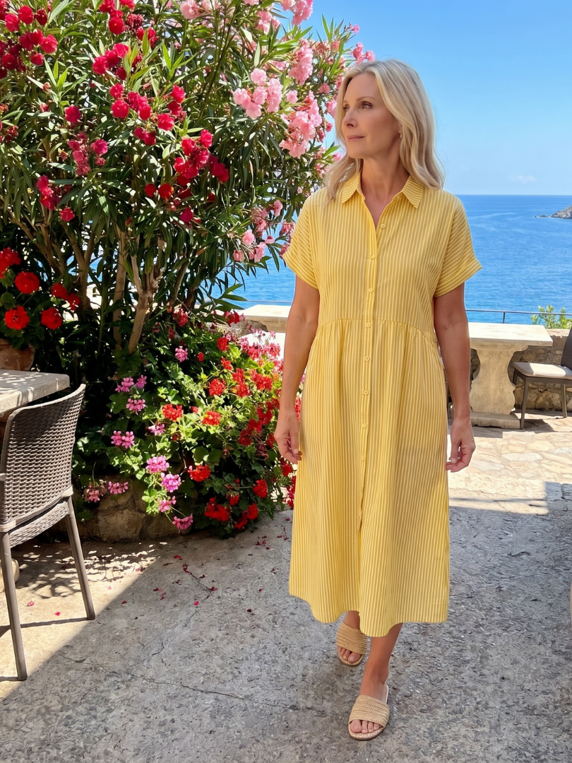 Roslora | Short Sleeve Stripe Pattern Midi Dress