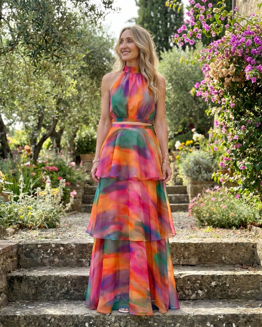 Vellora | Natural Floral Halter Cutout Tiered Maxi Dress