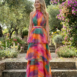 Vellora | Natural Floral Halter Cutout Tiered Maxi Dress
