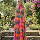 Vellora | Natural Floral Halter Cutout Tiered Maxi Dress
