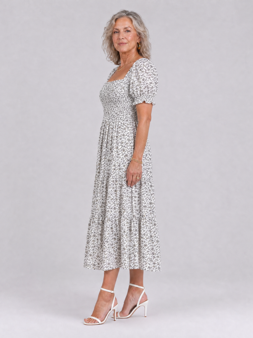 Serrina | Floral Smocked Square Neck Midi Dress