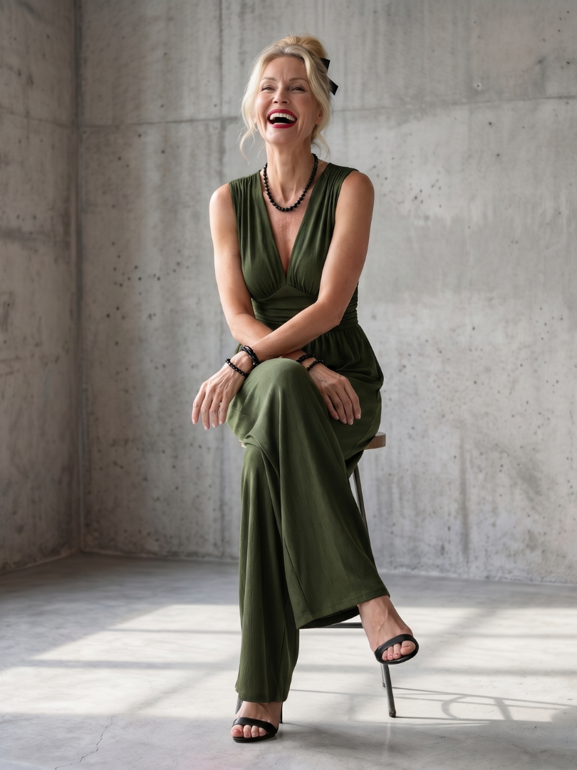Renna | Deep V Waist Defined Wide Leg Jumpsuit