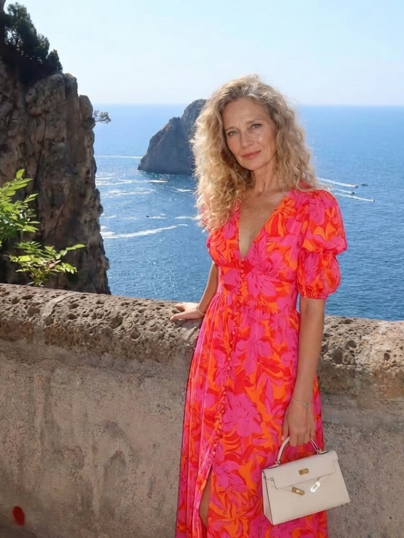 Gretasia | Floral V Neck Puff Sleeve Midi Dress