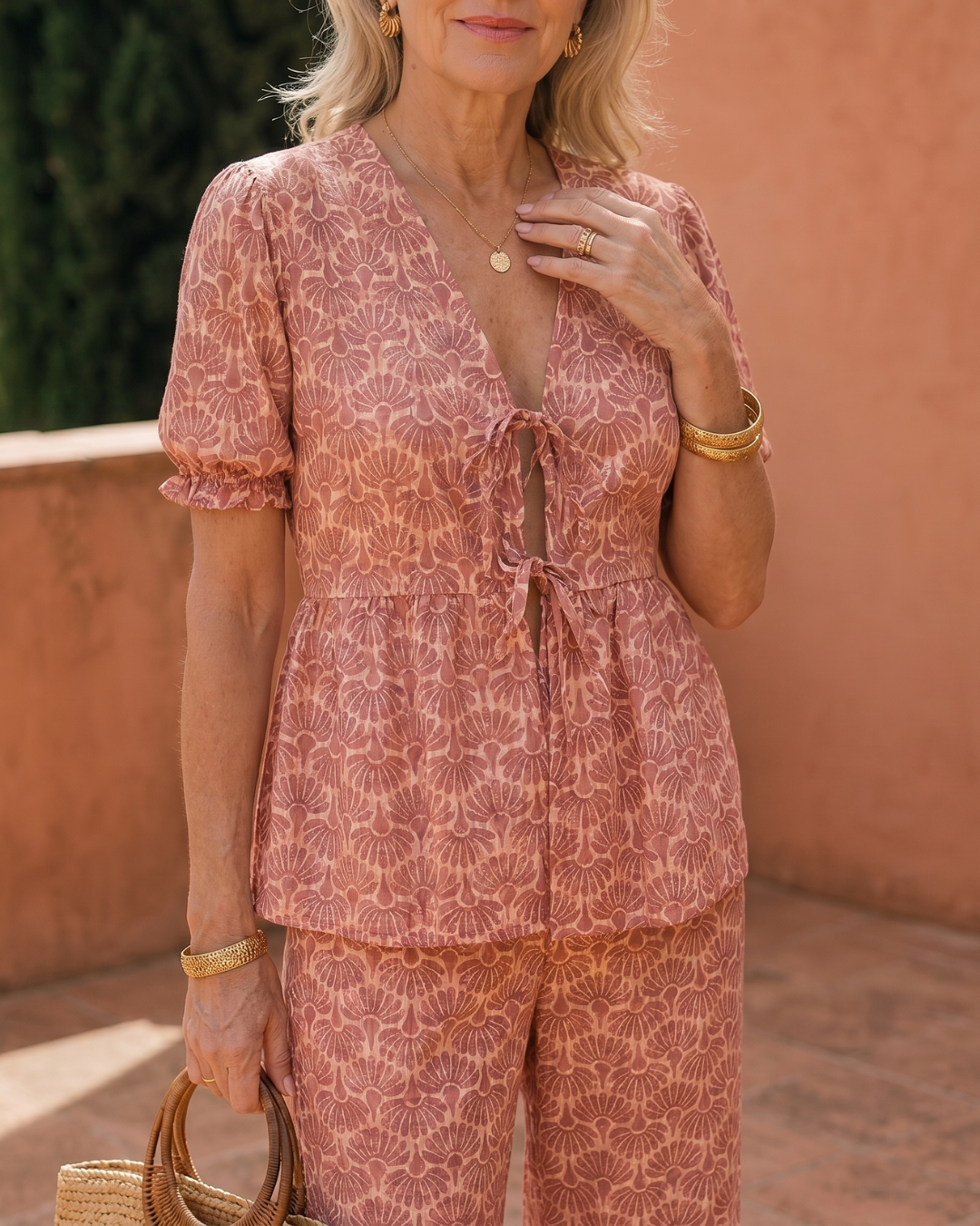 Lunra | Floral Print Puff Sleeve Top And Straight Leg Pants Set