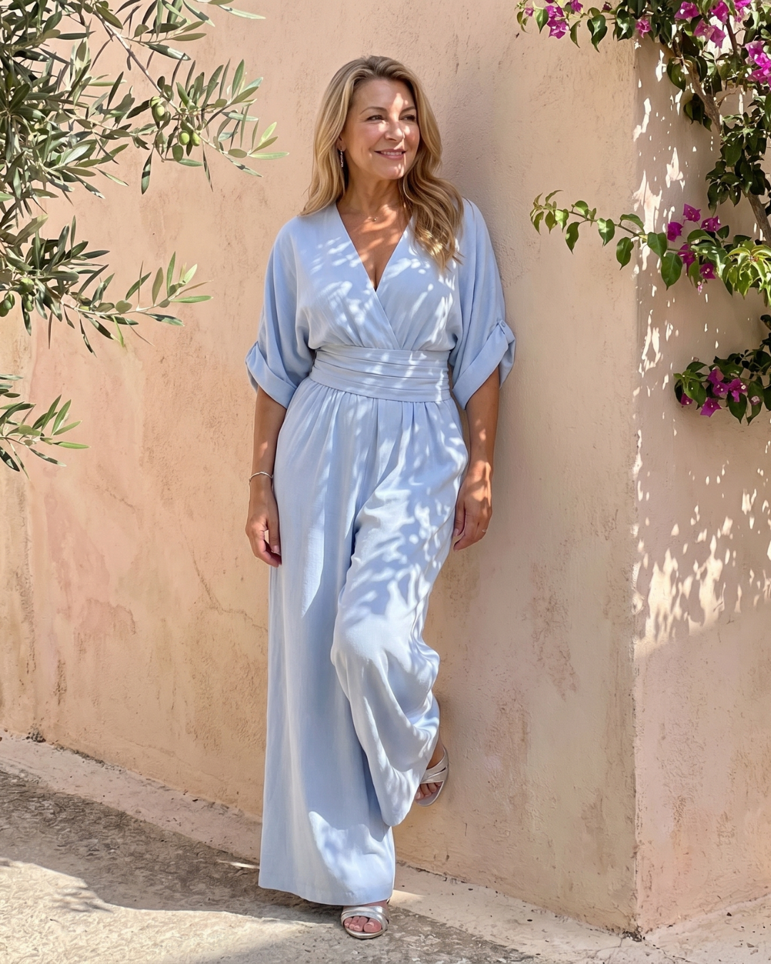 Persia | Draped V Neck Wide Leg Relaxed Jumpsuit