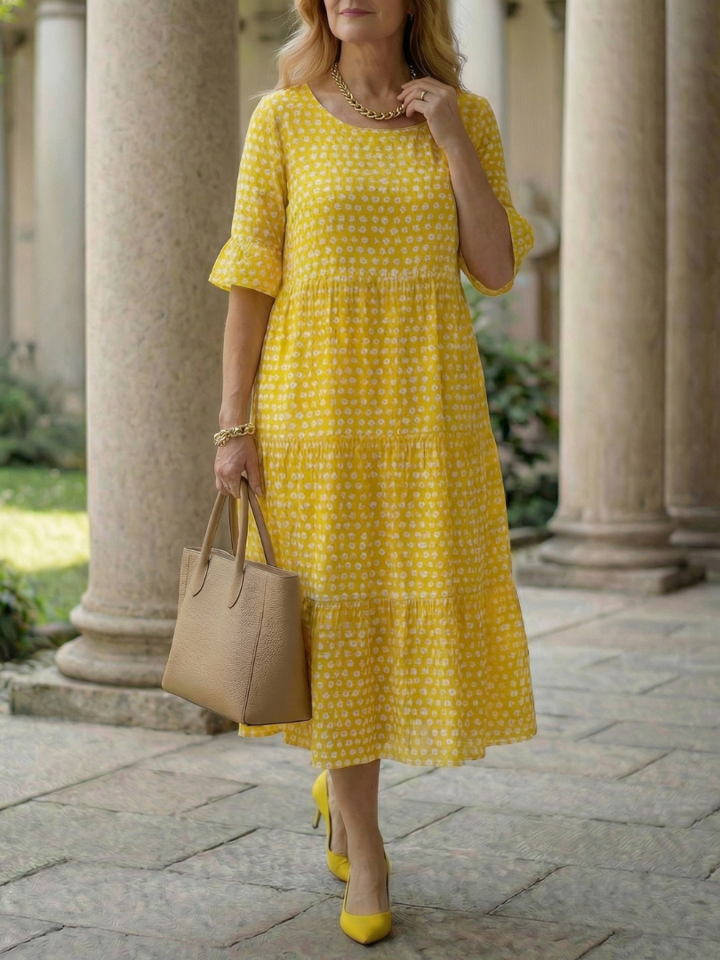 Thalwynne | Polka Dot Tiered Midi Dress Short Sleeve