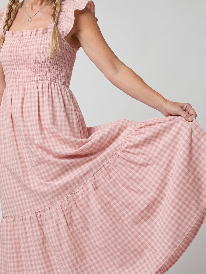 Sabdra | Sleeveless Square Neck Gingham Pattern Midi Dress