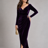 Zarrose | Draped Cowl Neck Satin Midi Dress