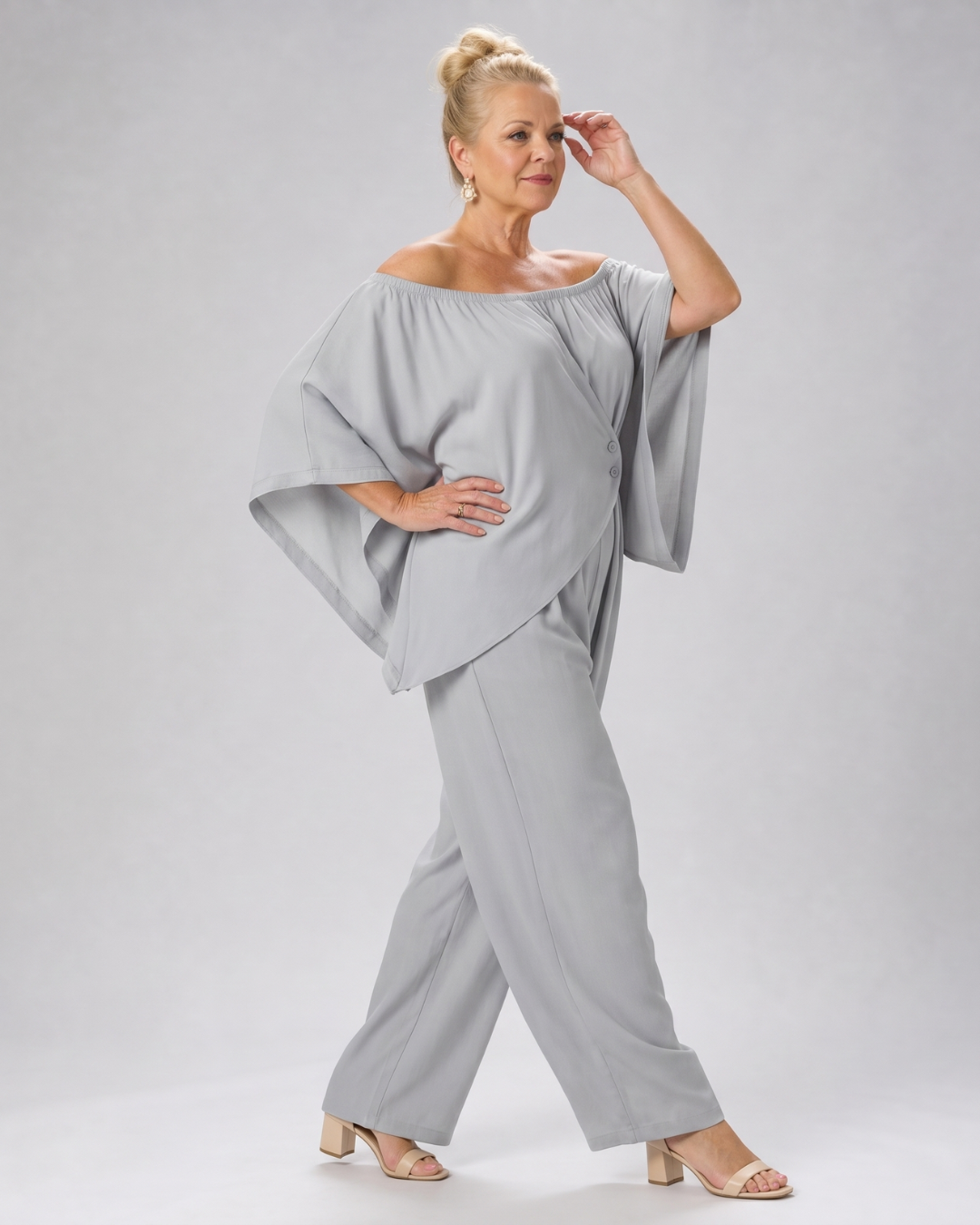 Nevsia | Draped Off Shoulder Top And Wide Leg Pants Set