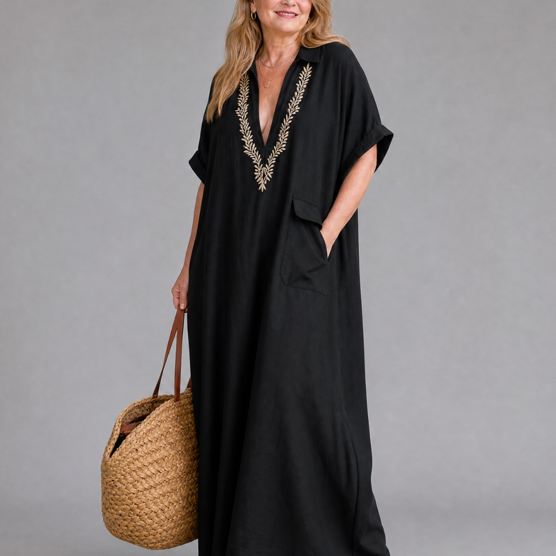 Faera | Embroidered V Neck Pocket Detail Relaxed Midi Dress