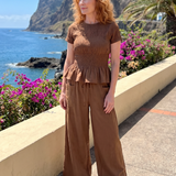 Selthea | Peplum Detail Smocked Top And Wide Leg Pants Set