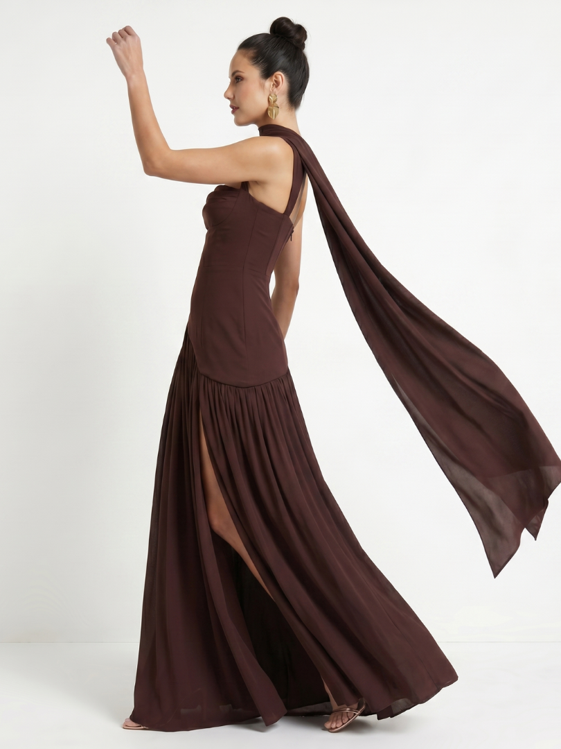 Fleurbelle | Cutout Neck Pleated Slit Maxi Dress
